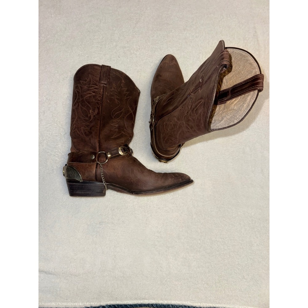 Mens Brown Leather Western Cowboy Boots Harness Horseshoe Heel Plate Chain - Picture 4 of 6